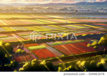 Vast tulip farm seen from above Vast tulip farm seen from above 104061676