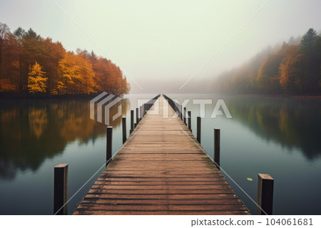 Foggy lake and long jetty 104061681
