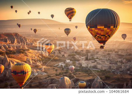 Many balloons flying over a mountainous city 104061684