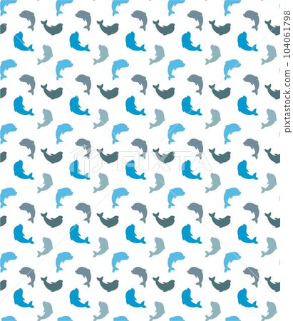 Seamless pattern with blue and gray Dolphins that swim. Cute Marine pattern for fabric, baby clothes, background, textile, wrapping paper and other decoration. Vector .wallpaper in scandinavian style. Seamless pattern with blue and gray Dolphins that swim. Cute Marine pattern for fabric, baby clothes, background, textile, wrapping paper and other decoration. Vector .wallpaper in scandinavian style. 104061798