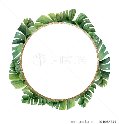 Green tropical palm leaves gold round frame wreath watercolor illustration isolated on white background for labels, thank you stickers, sale coupons or summer wedding invitation 104062134