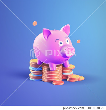 Piggy bank with coin slot and stack of coins 104063038