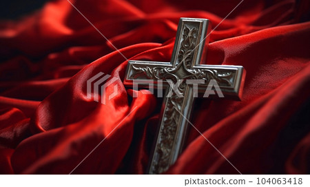 Metal Holy Cross on red shawl cover background. Lent season, Holy week and Good friday concept Metal Holy Cross on red shawl cover background. Lent season, Holy week and Good friday concept 104063418