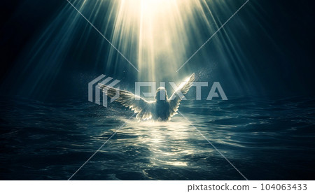 Bright light shining over and Angel in ocean Bright light shining over and Angel in ocean 104063433