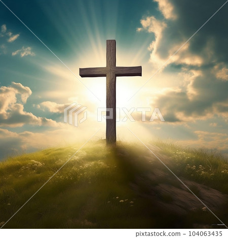 Wooden Cross on top of a hill with shinning light background. Lent season, Holy Week and Good Friday concept. 104063435