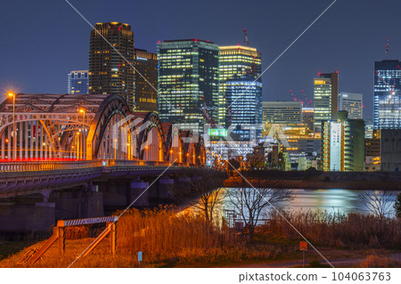 Night view of Jusanohashi and Umeda from Yodogawa riverbed, Osaka 104063763