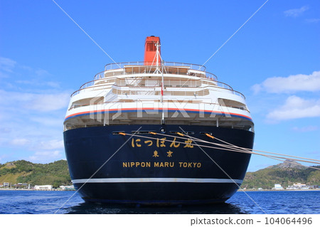 The hull of the cruise ship Nippon Maru seen directly from the sea The hull of the cruise ship Nippon Maru seen directly from the sea 104064496