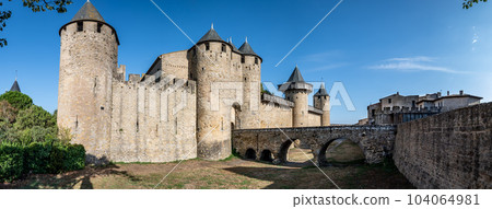 Spectacular Ancient Fortress Of Medieval City Carcassonne In Occitania, France 104064981