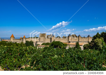 Spectacular Ancient Fortress Of Medieval City Carcassonne And Vineyards In Occitania, France 104064994