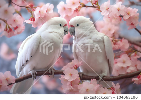 Two large white macaw parrots sit on a branch of sakura blossoms. Generative AI 104065190
