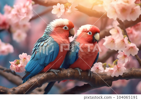 Two large red blue parrots sit on a branch of sakura blossoms. Generative AI 104065191