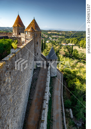 Spectacular Ancient Fortress Of Medieval City Carcassonne In Occitania, France Spectacular Ancient Fortress Of Medieval City Carcassonne In Occitania, France 104065287
