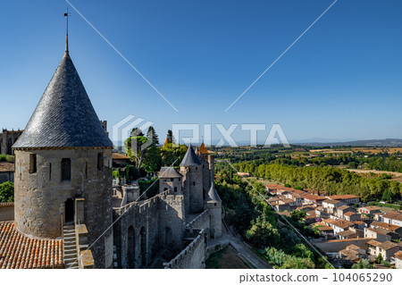 Spectacular Ancient Fortress Of Medieval City Carcassonne In Occitania, France Spectacular Ancient Fortress Of Medieval City Carcassonne In Occitania, France 104065290