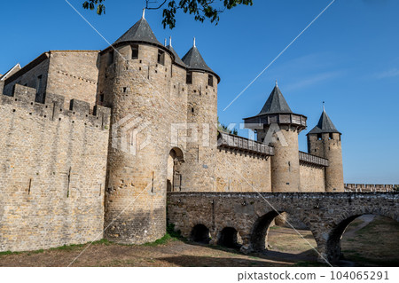 Spectacular Ancient Fortress Of Medieval City Carcassonne In Occitania, France Spectacular Ancient Fortress Of Medieval City Carcassonne In Occitania, France 104065291