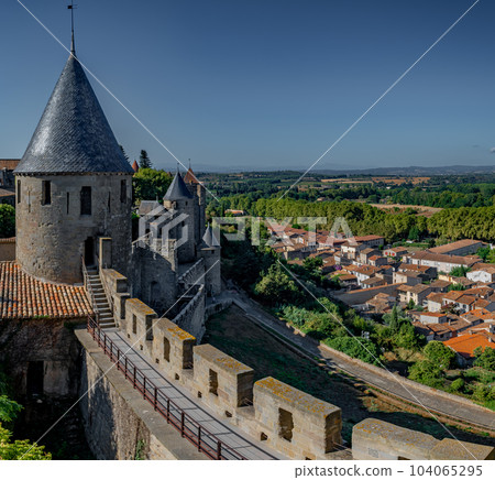 Spectacular Ancient Fortress Of Medieval City Carcassonne In Occitania, France Spectacular Ancient Fortress Of Medieval City Carcassonne In Occitania, France 104065295