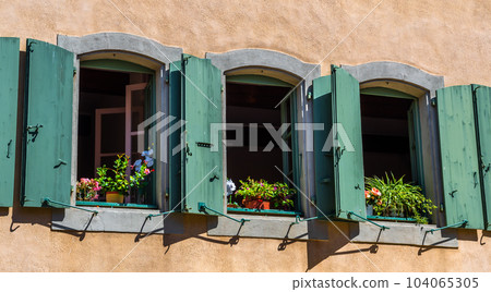 Windows With Flowers In Ancient City Carcassonne In France Windows With Flowers In Ancient City Carcassonne In France 104065305
