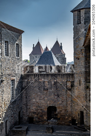 Spectacular Ancient Fortress Of Medieval City Carcassonne In Occitania, France 104065306