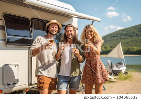 Happy friends having fun in camping. Camping life 104065532
