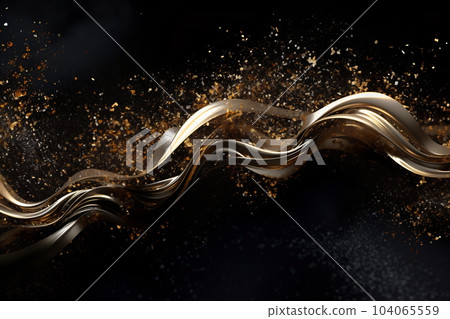 Abstract luxury shiny golden wave design element on black background. The golden color of a transparent smoky wave 104065559