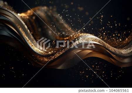 Abstract luxury shiny golden wave design element on black background. The golden color of a transparent smoky wave 104065561