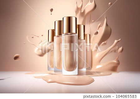 Bottle of makeup foundation and samples on beige background. Cosmetic product presentation. Luxury flying liquid in motion. Feminine copy space, nude, brown template Bottle of makeup foundation and samples on beige background. Cosmetic product presentation. Luxury flying liquid in motion. Feminine copy space, nude, brown template 104065583