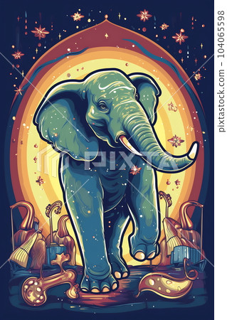 Cartoon circus performance with elephant in the circus arena. Children book illustration Cartoon circus performance with elephant in the circus arena. Children book illustration 104065598