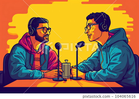 Illustration of two men talking on live streaming. Concept of the podcast in the studio. People in headphones on, interview, broadcast, recording audio, online show 104065616
