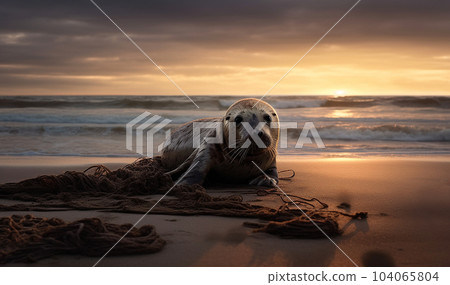 A Grey Seal stranded at a Beach, tragically caught in a section of fishing net surrounded with plastic pollution, an upsetting sad nature wildlife wordwide problem 104065804