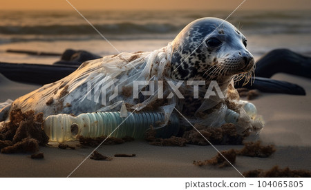 A Grey Seal stranded at a Beach, tragically caught in a section of fishing net surrounded with plastic pollution, an upsetting sad nature wildlife wordwide problem A Grey Seal stranded at a Beach, tragically caught in a section of fishing net surrounded with plastic pollution, an upsetting sad nature wildlife wordwide problem 104065805