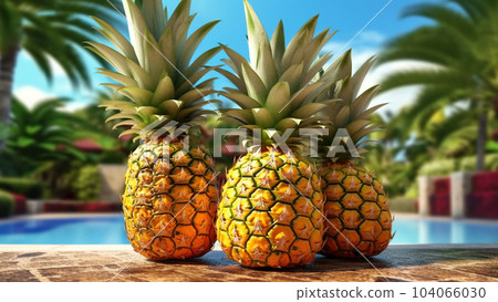 Pineapples on the background of the sea, vacation and vacation concept, beautiful sunny day Pineapples on the background of the sea, vacation and vacation concept, beautiful sunny day 104066030