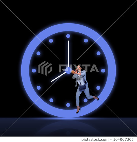 Business woman talking on phone and running. Being late for work and meeting. Time management. Contemporary art collage. Business woman talking on phone and running. Being late for work and meeting. Time management. Contemporary art collage. 104067305