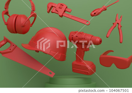 Abstract scene or podium with carpenters tools on monochrome background Abstract scene or podium with carpenters tools on monochrome background 104067501