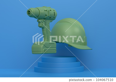 Abstract scene or podium with electric drill and helmet on monochrome background Abstract scene or podium with electric drill and helmet on monochrome background 104067510