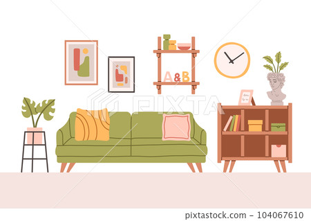 Living room modern interior set. Vector flat style collection of furniture for house isolated on white background. 104067610
