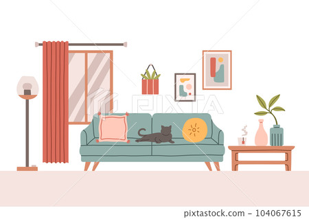 Living room modern interior set. Vector flat style collection of furniture for house isolated on white background. Living room modern interior set. Vector flat style collection of furniture for house isolated on white background. 104067615