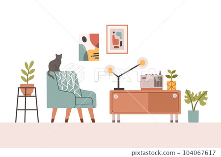 Living room modern interior set. Vector flat style collection of furniture for house isolated on white background. 104067617