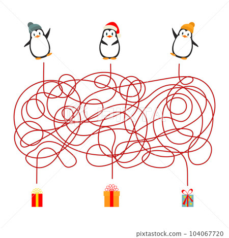 Christmas children's game maze maze or quiz for winter holidays, vector worksheet. Cartoon penguin animals in winter hats to find the way to Christmas gifts in a puzzle game. 104067720