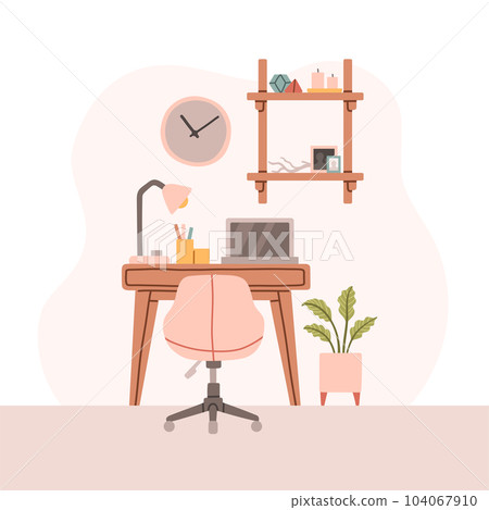 Mid century scandinavian study design interior. Cozy furnished wokspace. Flat vector cartoon illustration Mid century scandinavian study design interior. Cozy furnished wokspace. Flat vector cartoon illustration 104067910