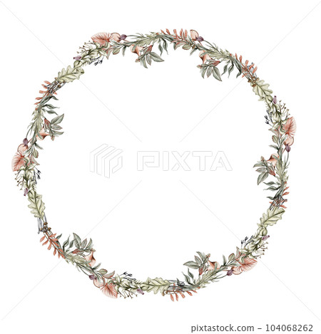 Fall wreath, for cards, backgrounds. Watercolor illustration for scrapbooking. Cartoon hand drawn background with flower for kids design. Perfect for wedding invitation. 104068262