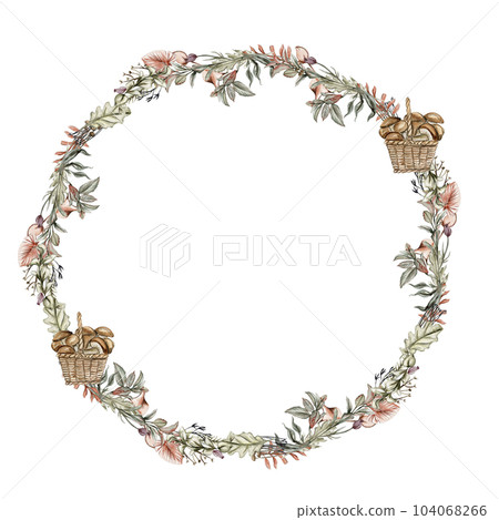 Fall wreath, for cards, backgrounds. Watercolor illustration for scrapbooking. Cartoon hand drawn background with flower for kids design. Perfect for wedding invitation. 104068266