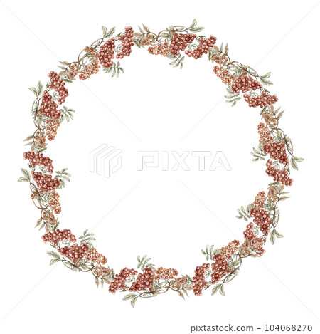 Fall wreath, for cards, backgrounds. Watercolor illustration for scrapbooking. Cartoon hand drawn background with flower for kids design. Perfect for wedding invitation. 104068270