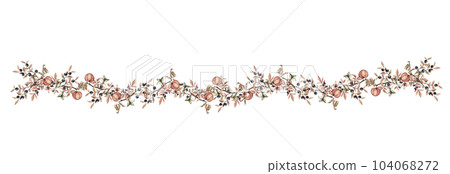 Flowers and leaves autumn border for card. Watercolor illustration for scrapbooking . Hand drawn background with flower for design. Perfect for wedding invitation. 104068272