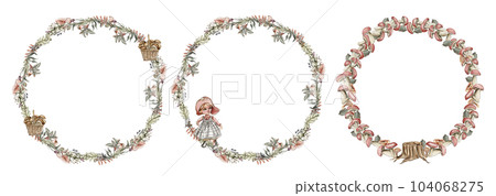 Fall wreath, for cards, backgrounds. Watercolor illustration for scrapbooking. Cartoon hand drawn background with flower for kids design. Perfect for wedding invitation. Fall wreath, for cards, backgrounds. Watercolor illustration for scrapbooking. Cartoon hand drawn background with flower for kids design. Perfect for wedding invitation. 104068275