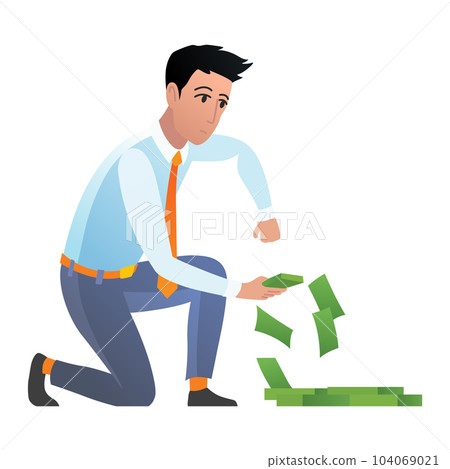 Man keep money under bed mattress. Male character poor financial literacy, cash saving, cartoon vector illustration isolated on white. Dollar stash in bad place, person get cash 104069021