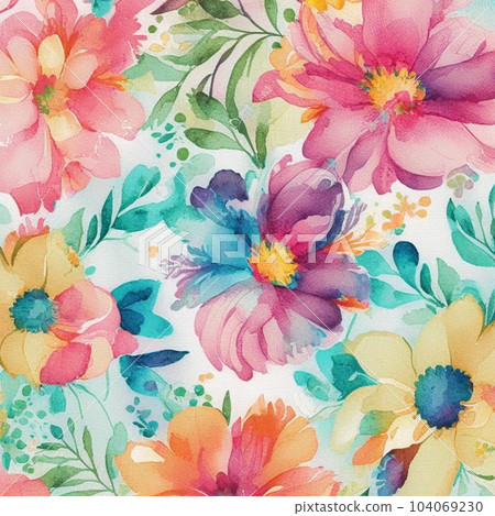 Teal, orange and pink watercolor flowers with stems and leaves. Watercolor art background. 104069230