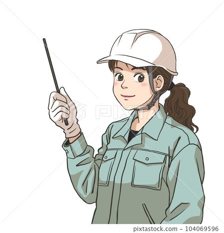 A woman in work clothes giving a commentary 104069596