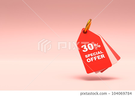 3D Rendering. Price tag with 30 percent discount and free space for texting on pastel red background. Special Offer 30% Discount Tag. Super sale offer and best seller. 104069784