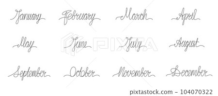Month name continues single line set. Vector handwritten signs pack isolated on white background for print calendar, planner, diary. Editable stroke. EPS10 Month name continues single line set. Vector handwritten signs pack isolated on white background for print calendar, planner, diary. Editable stroke. EPS10 104070322