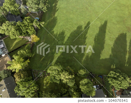 green field with tree shadows and residential houses - aerial view 104070341