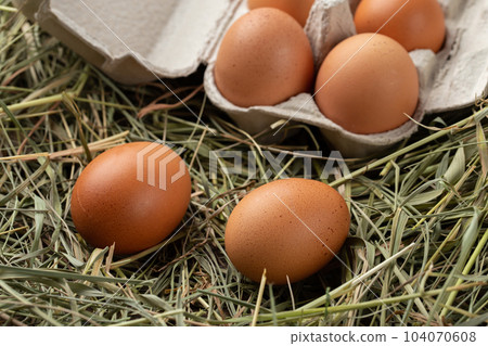Homemade chicken eggs in a cardboard tray on a straw. Homemade chicken eggs in a cardboard tray on a straw. 104070608